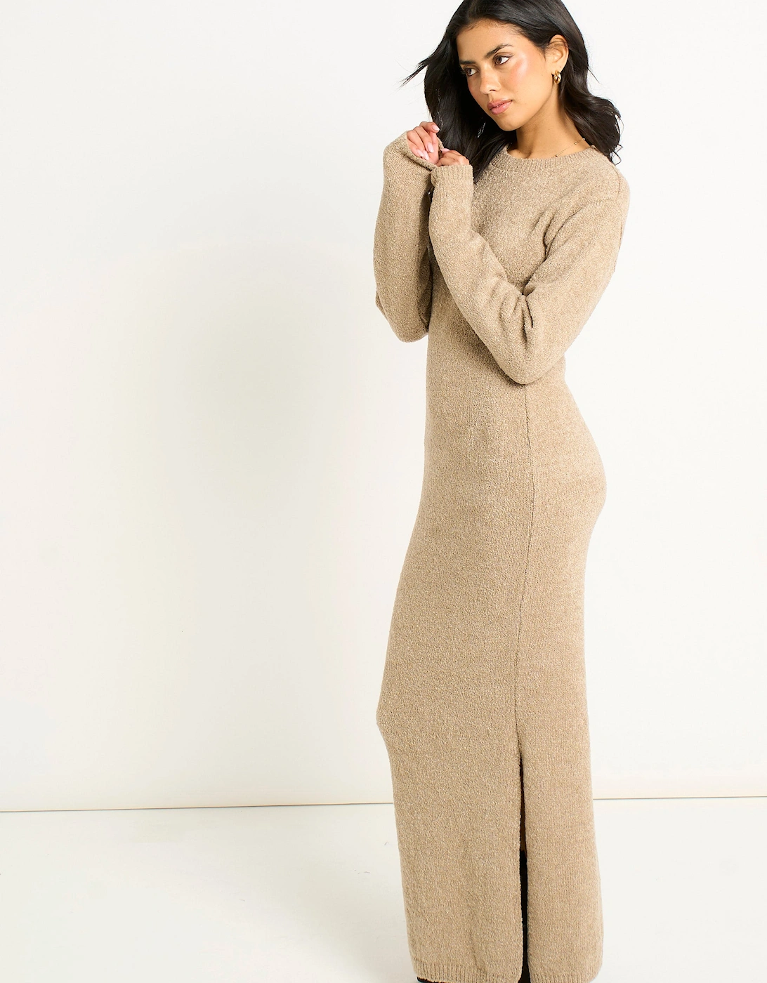 Oatmeal Jersey Boucle Bodycon Maxi Dress