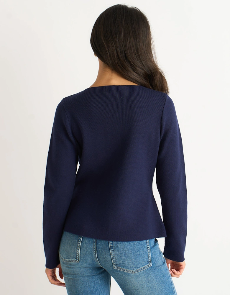 Navy Button Front Compact Knit Cardigan