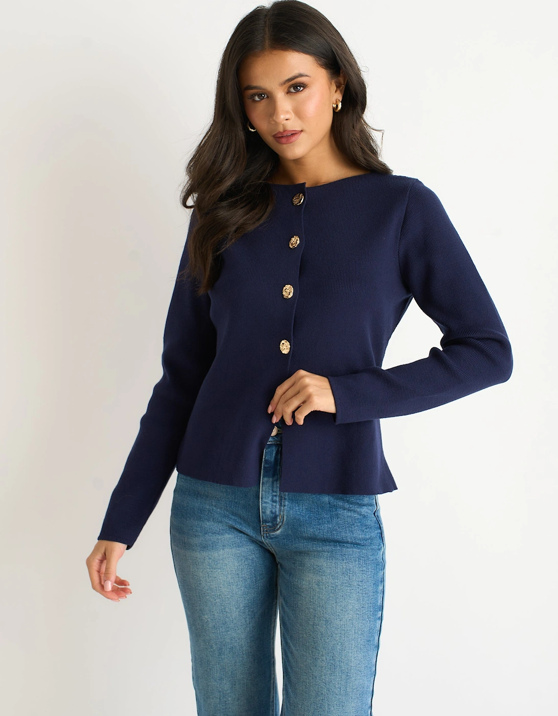 Navy Button Front Compact Knit Cardigan