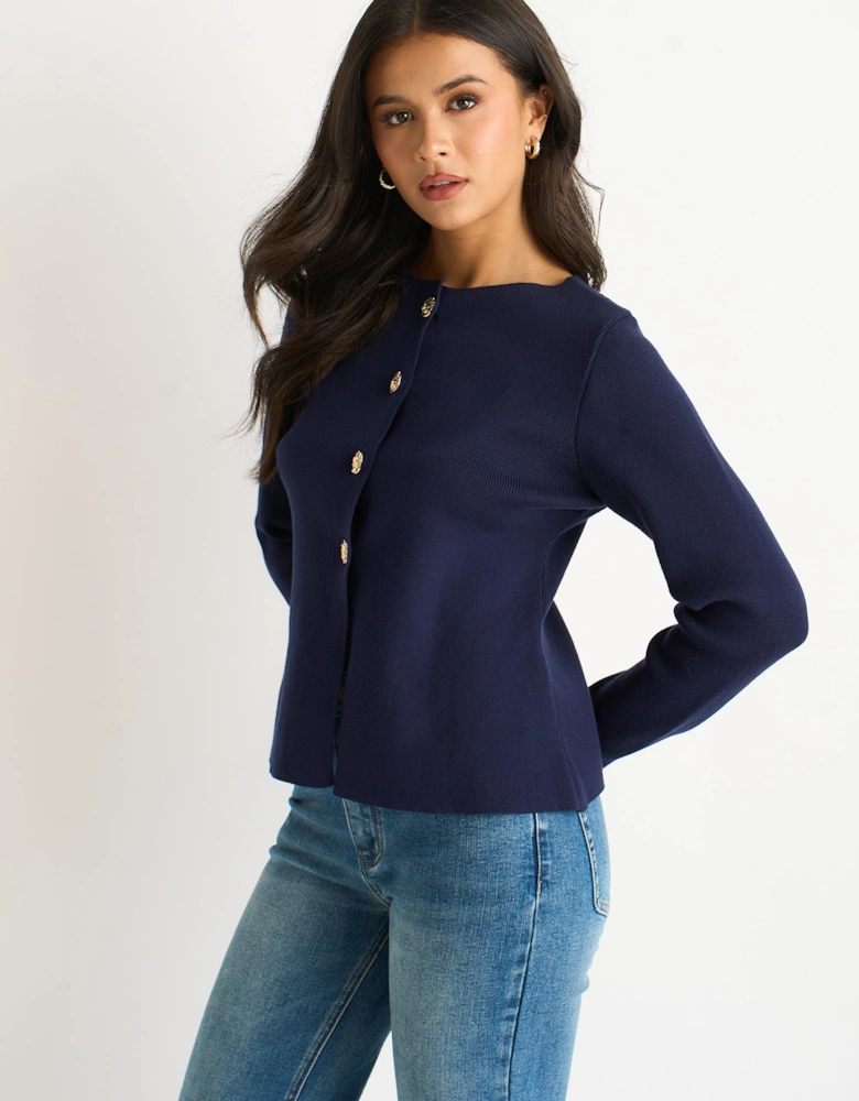 Navy Button Front Compact Knit Cardigan