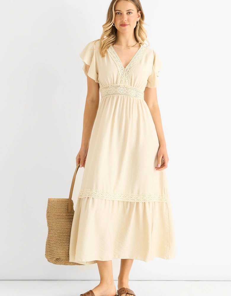 Beige Crochet Lace Panel Elasticated Waist Midi Dress