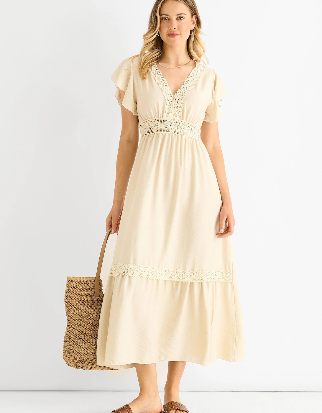 Beige Crochet Lace Panel Elasticated Waist Midi Dress, 5 of 4