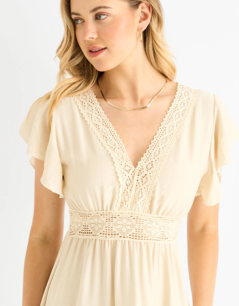 Beige Crochet Lace Panel Elasticated Waist Midi Dress