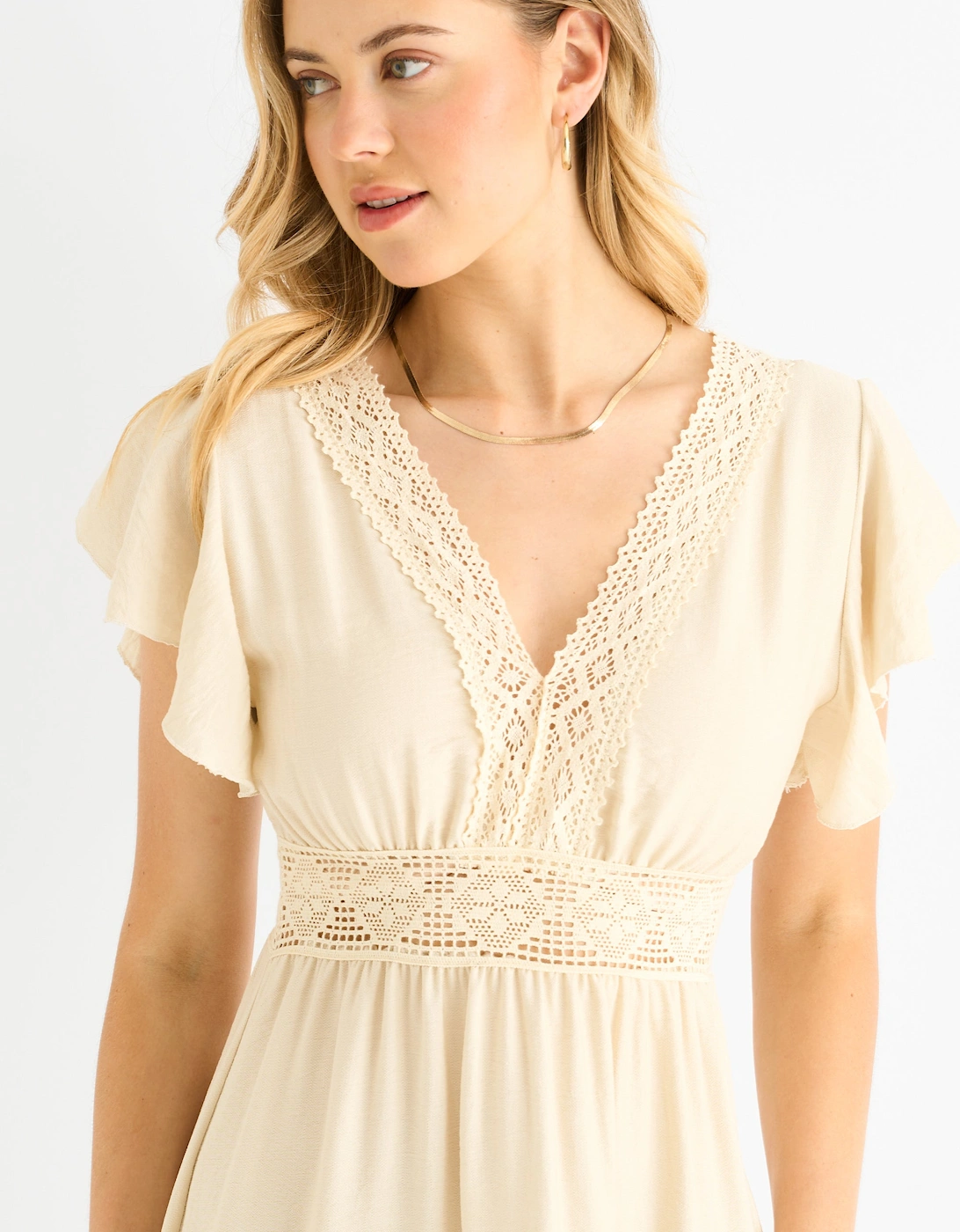 Beige Crochet Lace Panel Elasticated Waist Midi Dress