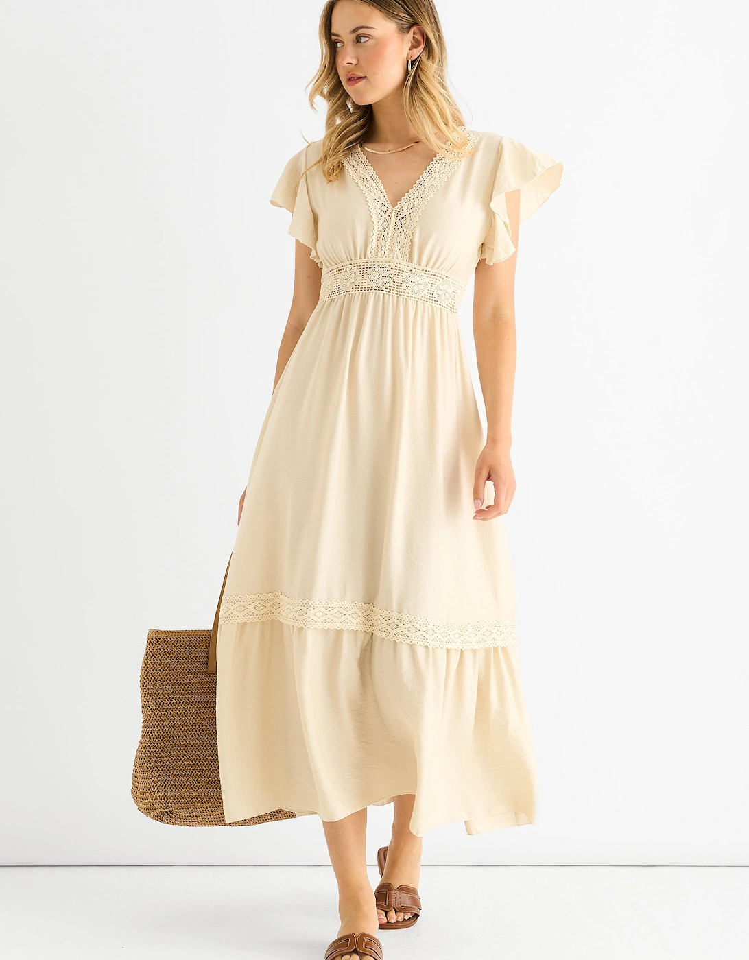 Beige Crochet Lace Panel Elasticated Waist Midi Dress