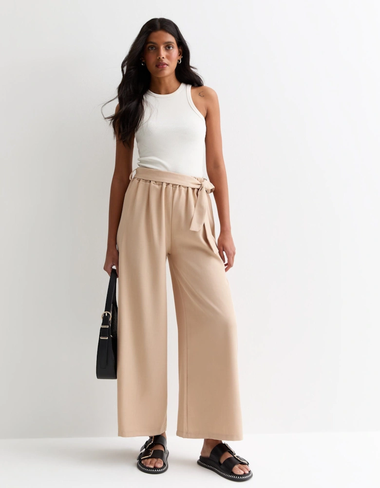Camel Elasticated Wide leg Tie detail Trousers