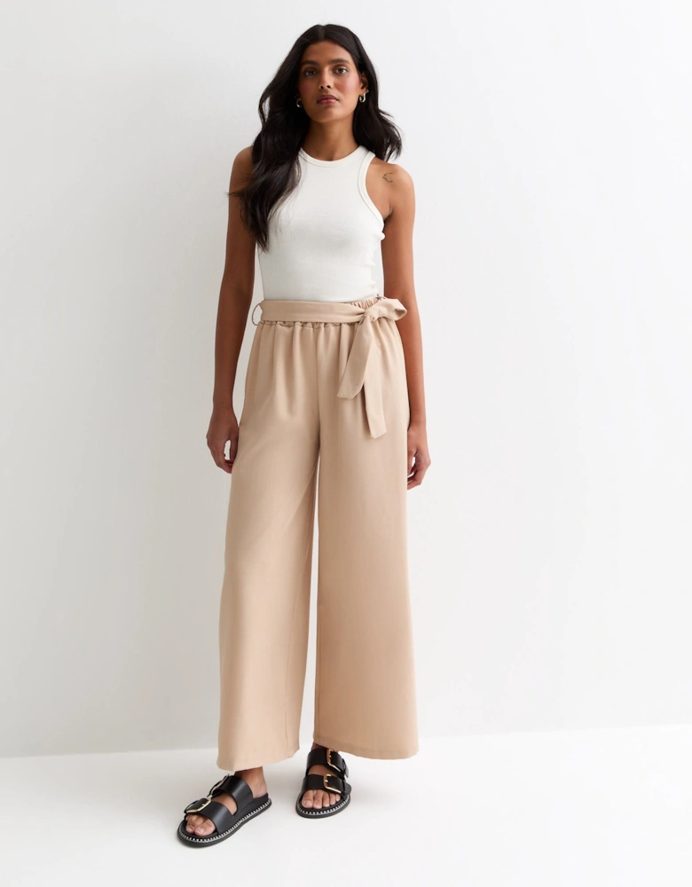 Camel Elasticated Wide leg Tie detail Trousers