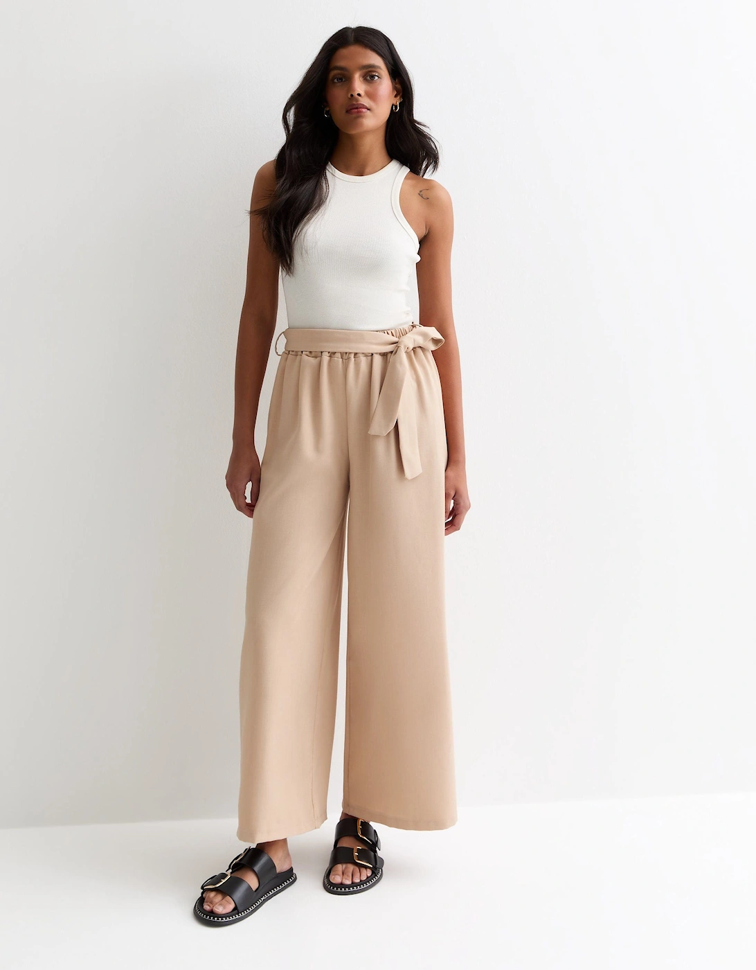 Gini London Gini London Women's Camel Elasticated Wide Leg Tie detail Trousers - Brown