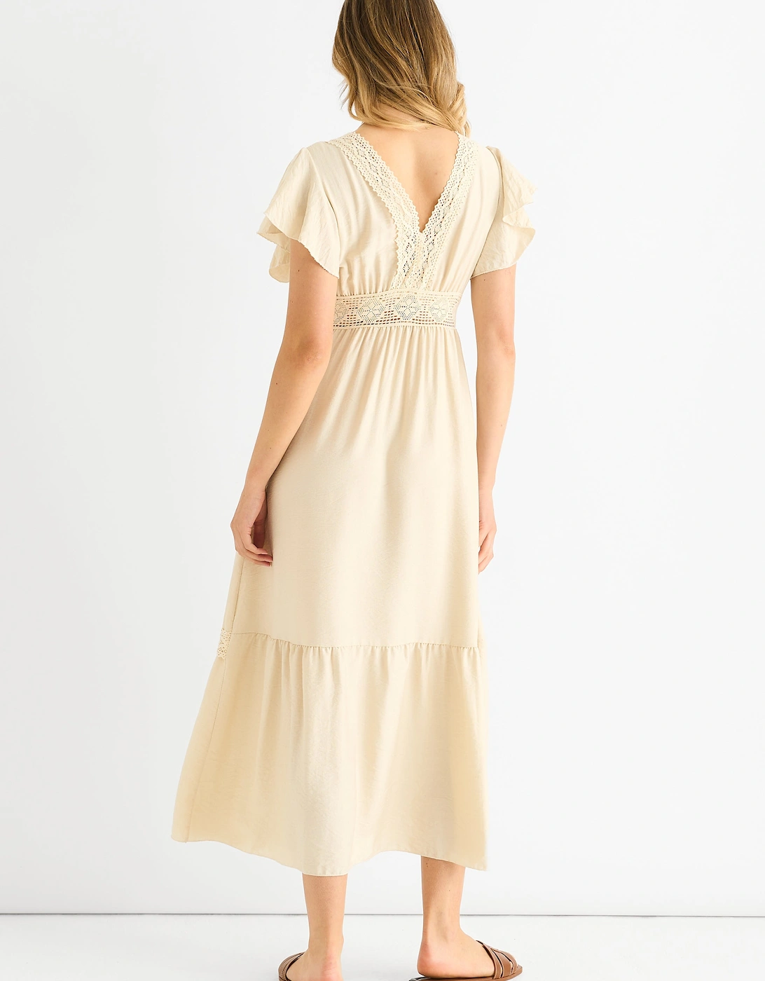 Beige Crochet Lace Panel Elasticated Waist Midi Dress
