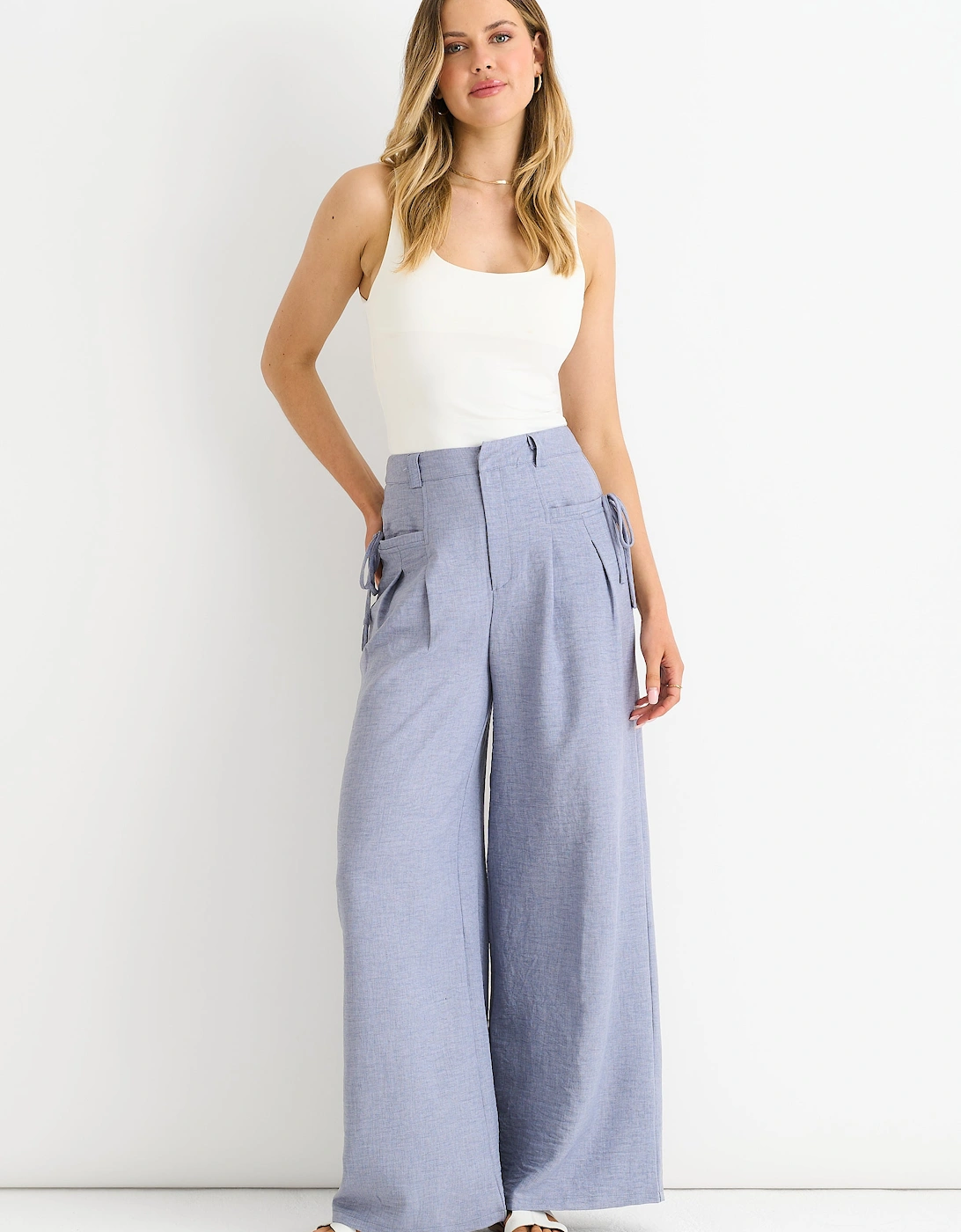 Linen Look High Waist Wide Leg Trousers