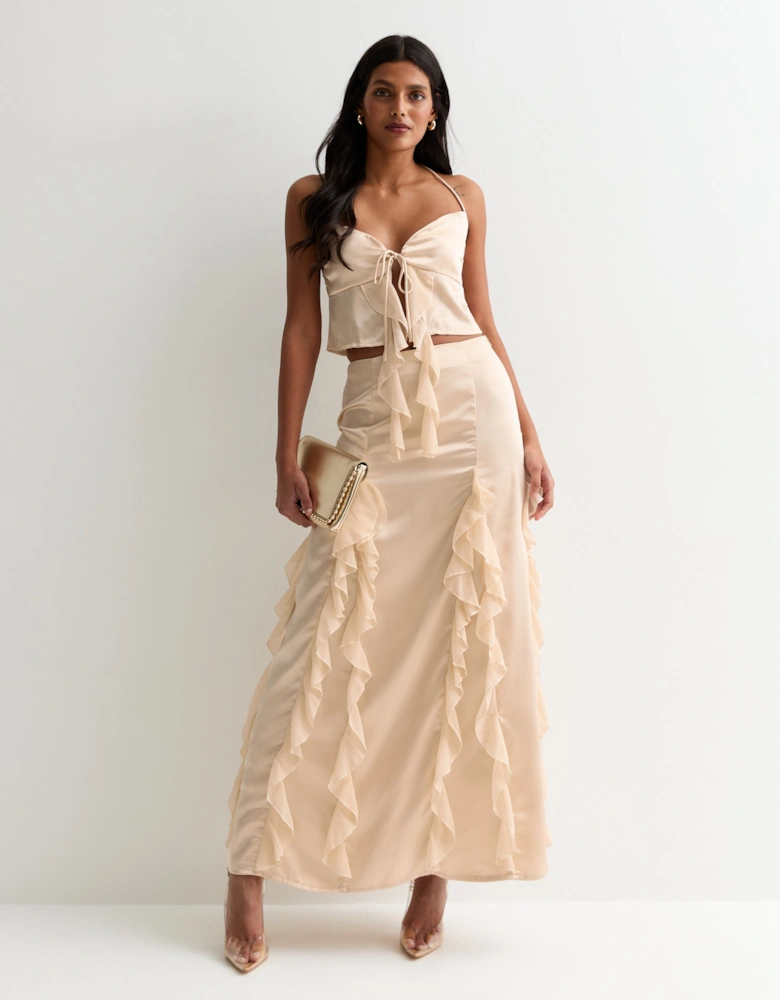 Champagne Satin Ruffle Maxi Skirt
