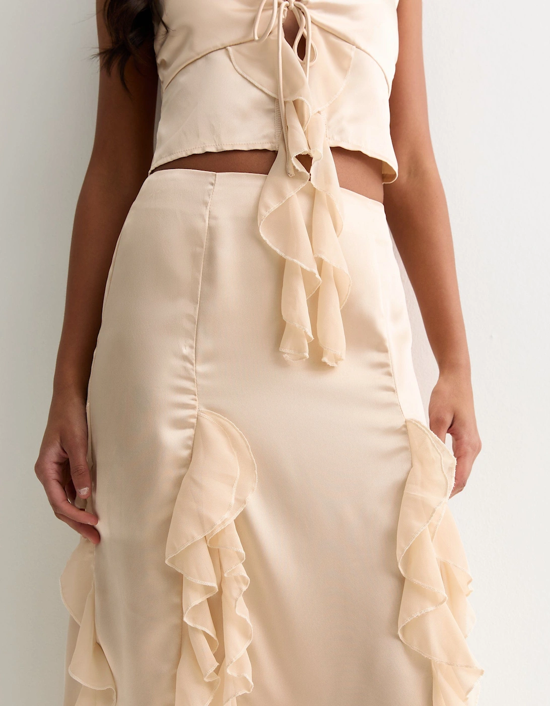Champagne Satin Ruffle Maxi Skirt