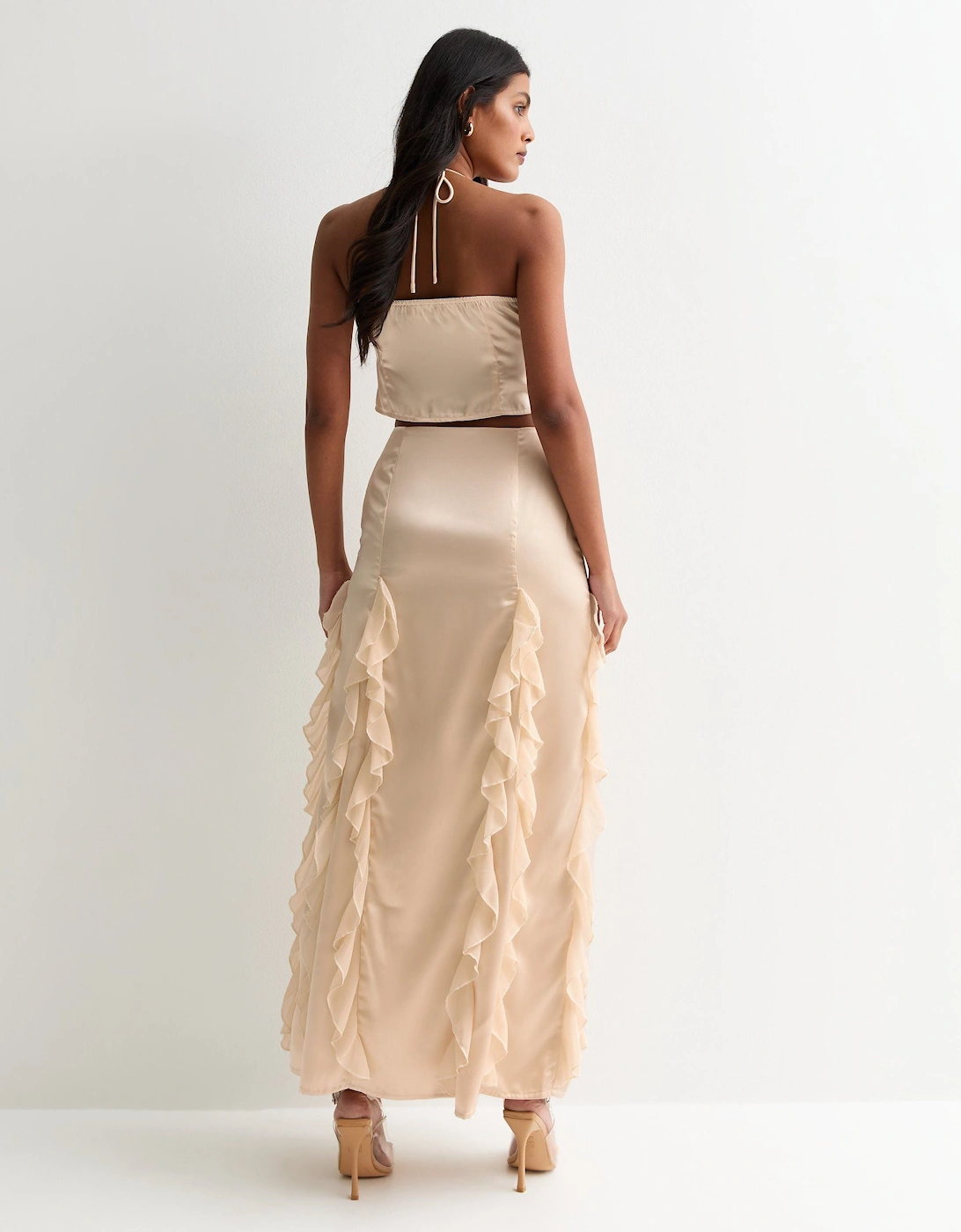Champagne Satin Ruffle Maxi Skirt