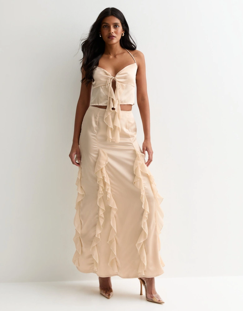 Champagne Satin Ruffle Maxi Skirt