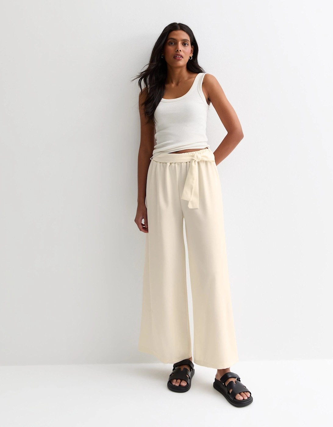 White Elasticated Wide leg Tie detail Trousers, 5 of 4