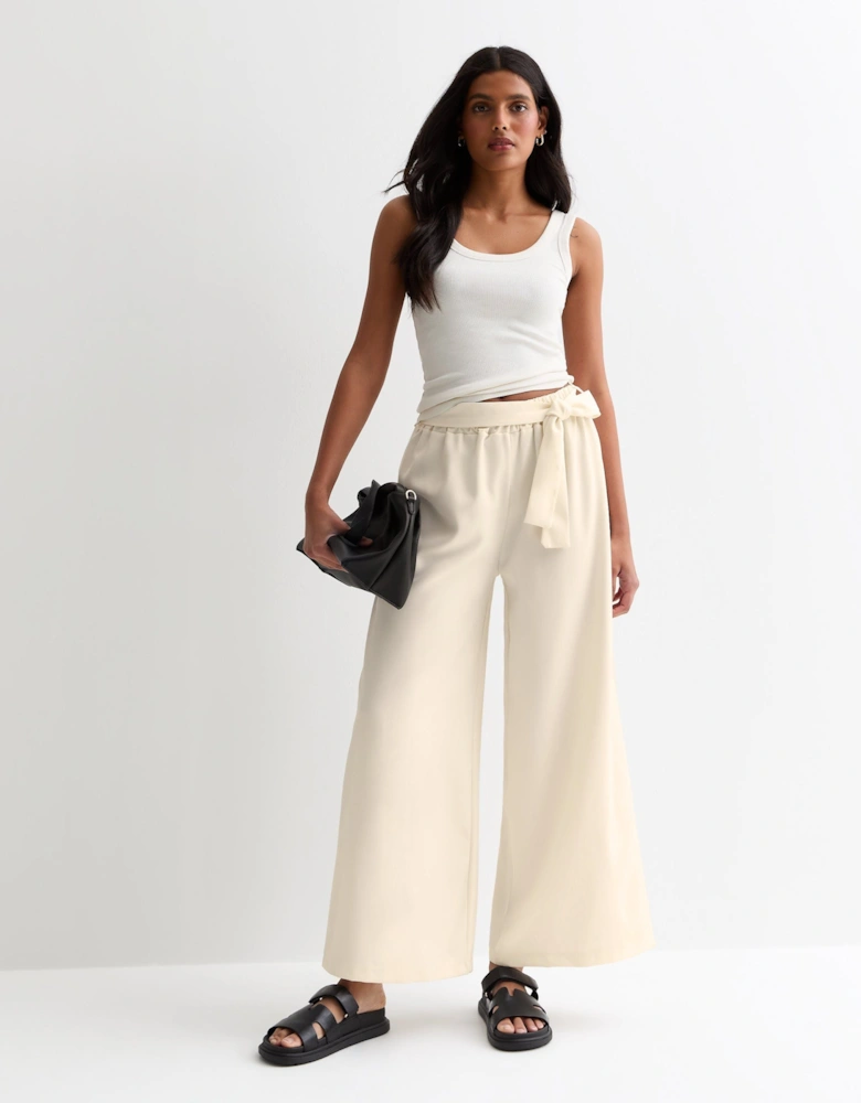 White Elasticated Wide leg Tie detail Trousers