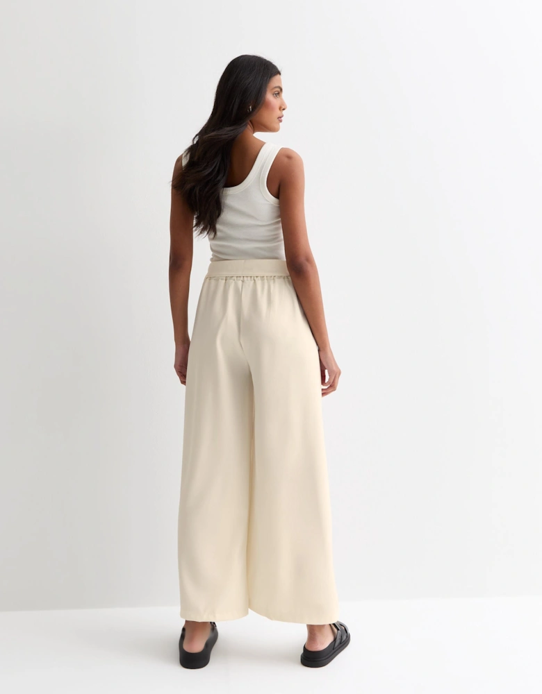 White Elasticated Wide leg Tie detail Trousers