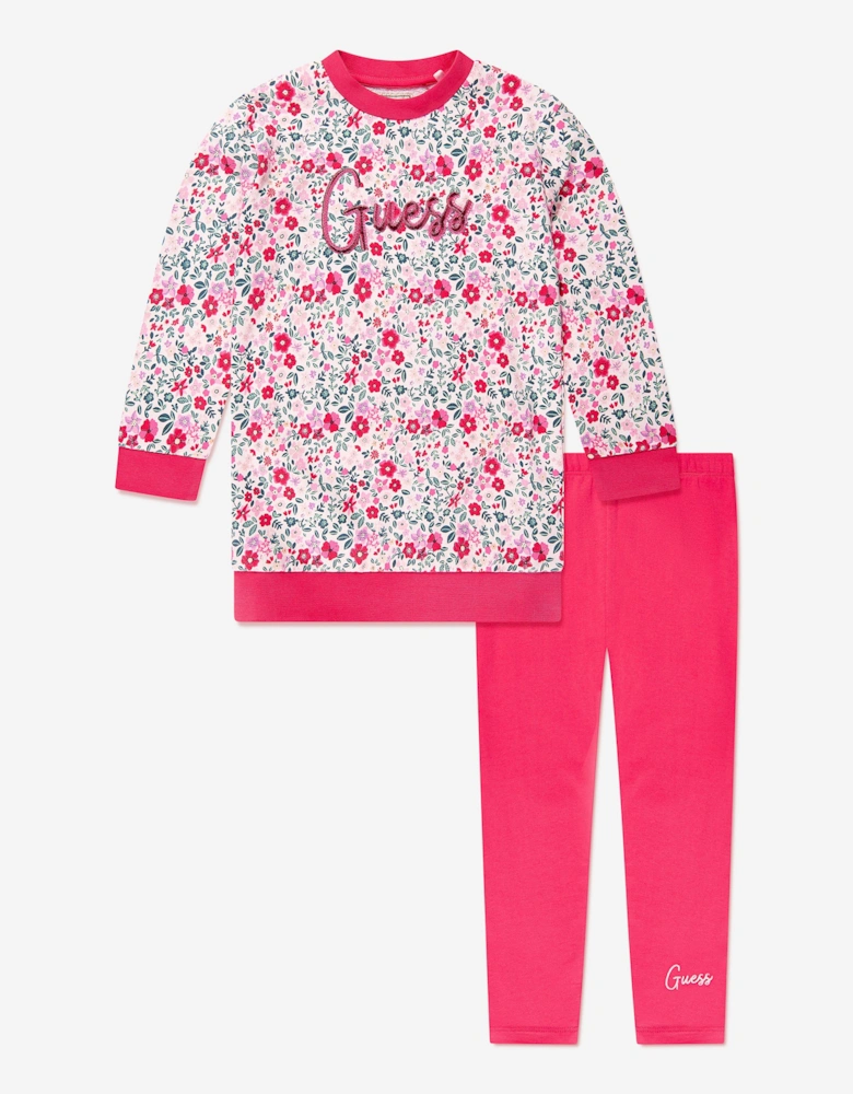 Girls Floral Leggings Set in Red