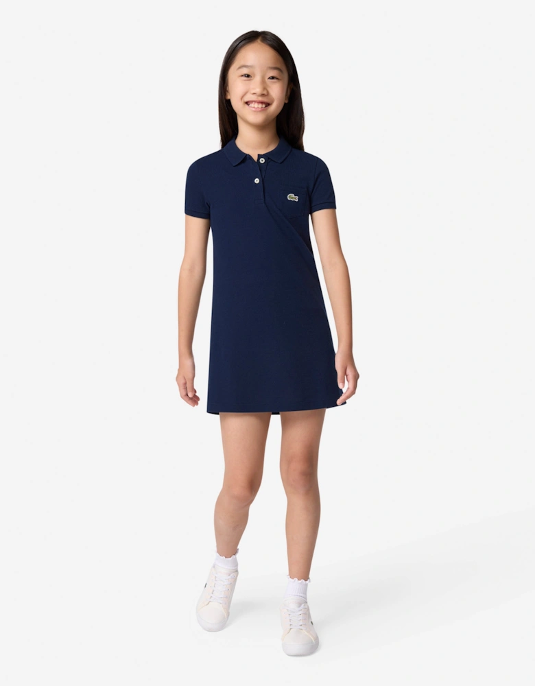 Girls Pique Polo Dress in Navy