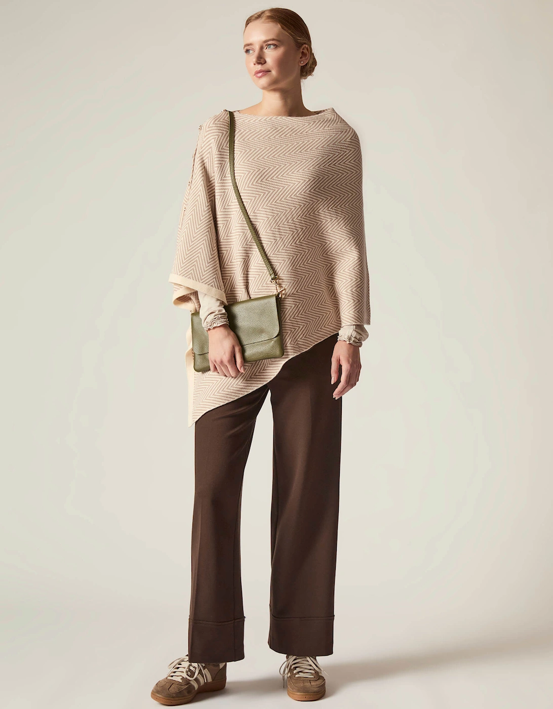 Beige Chevron Button Poncho
