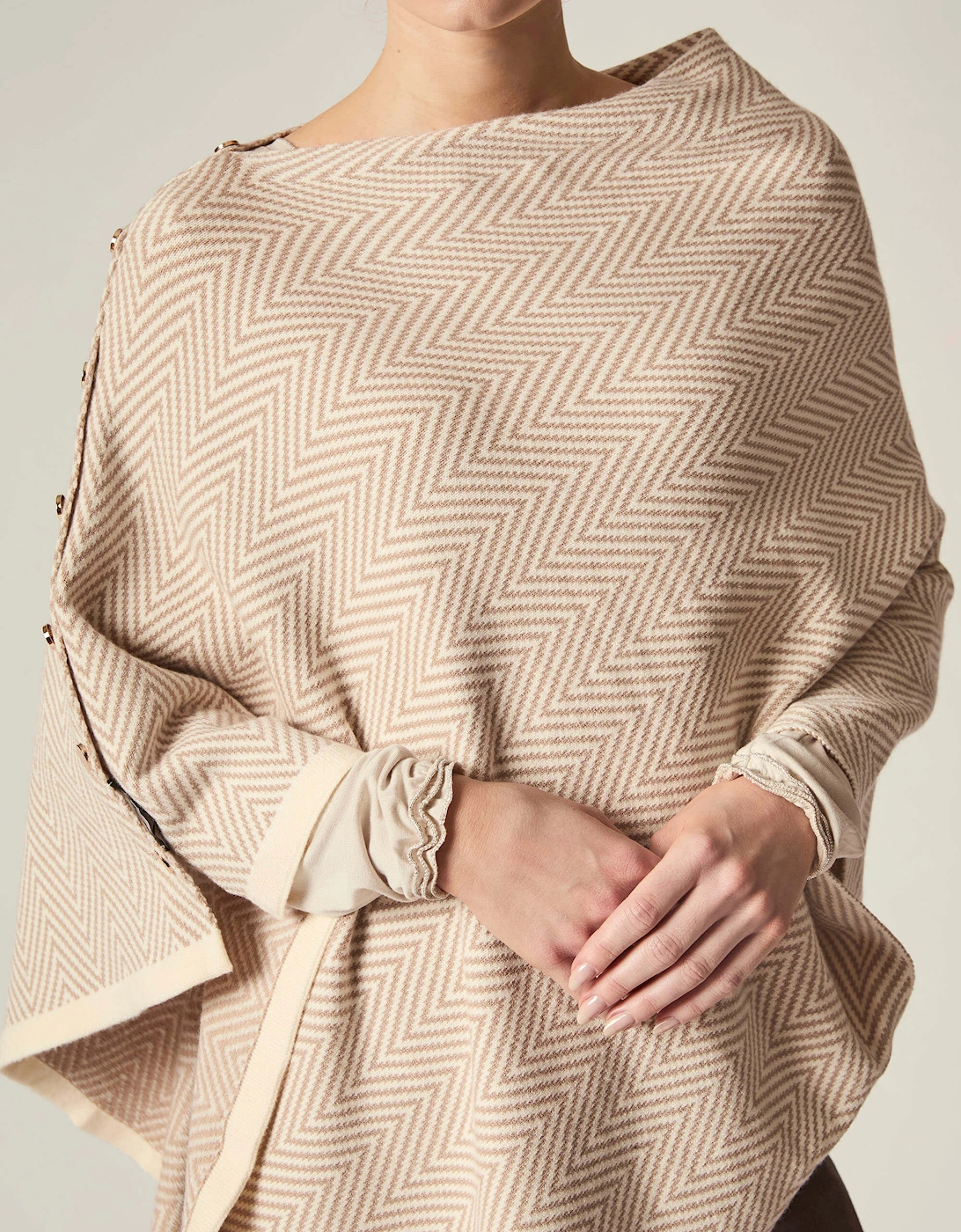 Beige Chevron Button Poncho