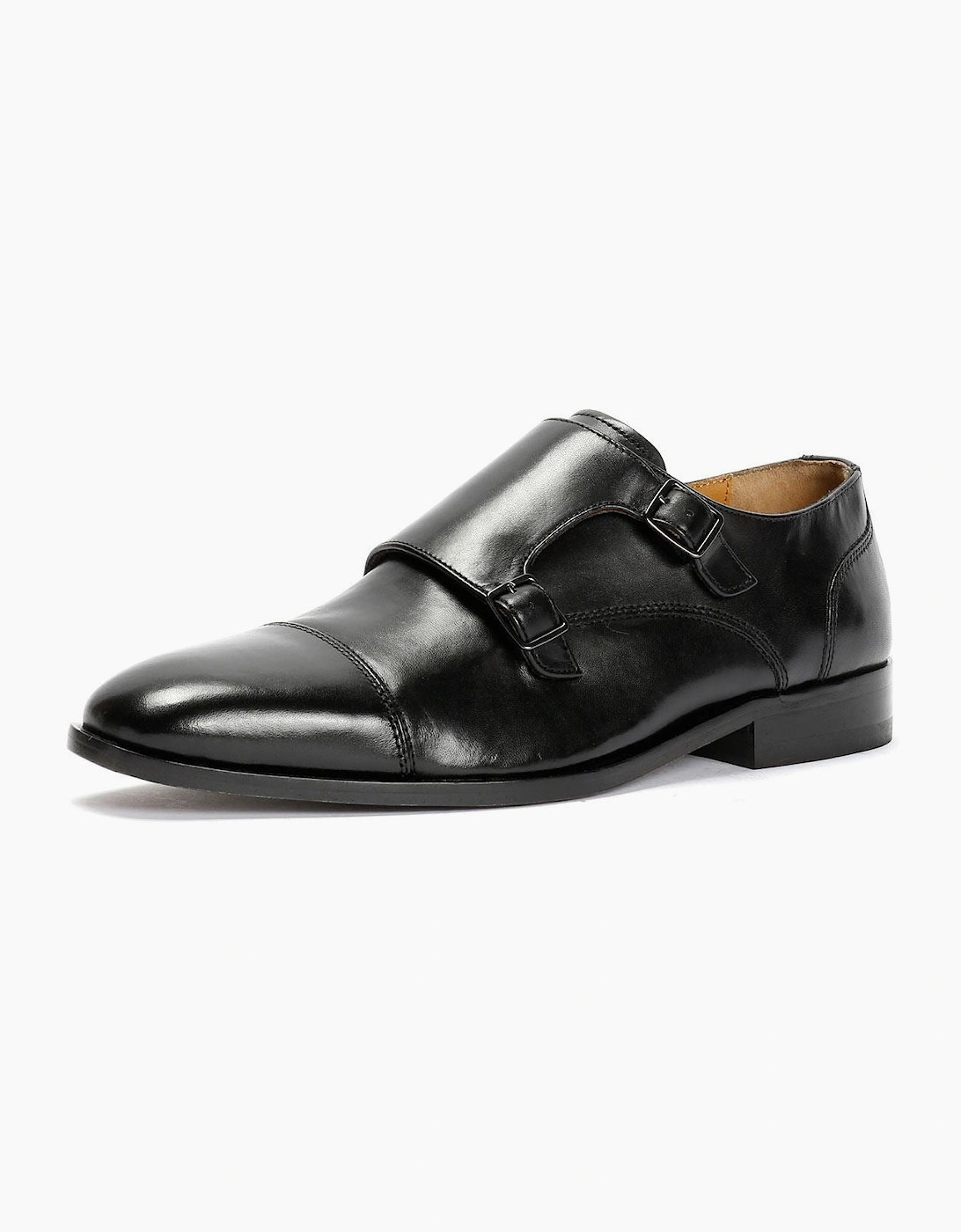 Toe Cap Monk Leather Men's Black Shoes