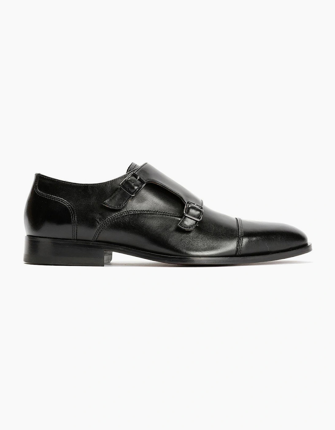 Toe Cap Monk Leather Men's Black Shoes