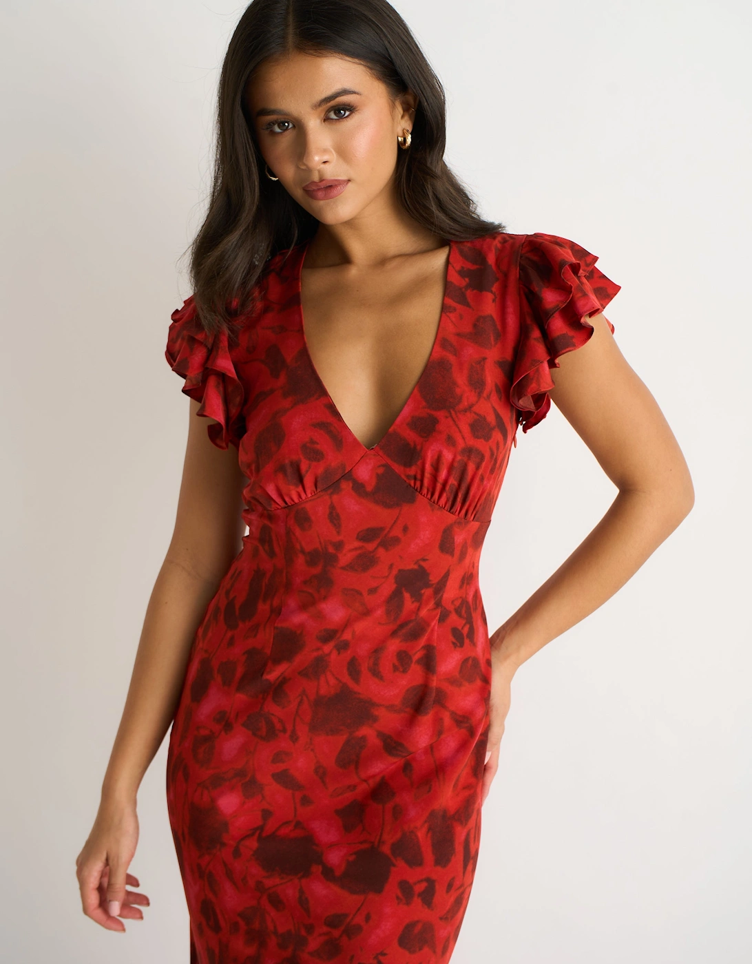 Red V Neck Floral Print Ruffle Maxi Dress