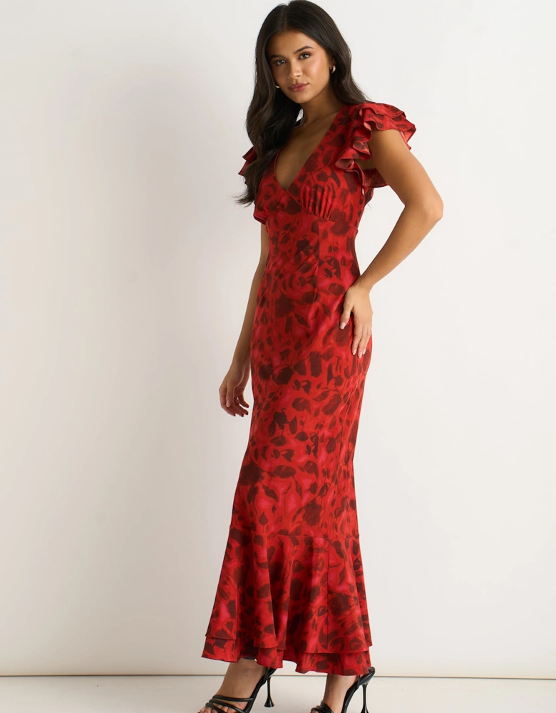 Red V Neck Floral Print Ruffle Maxi Dress