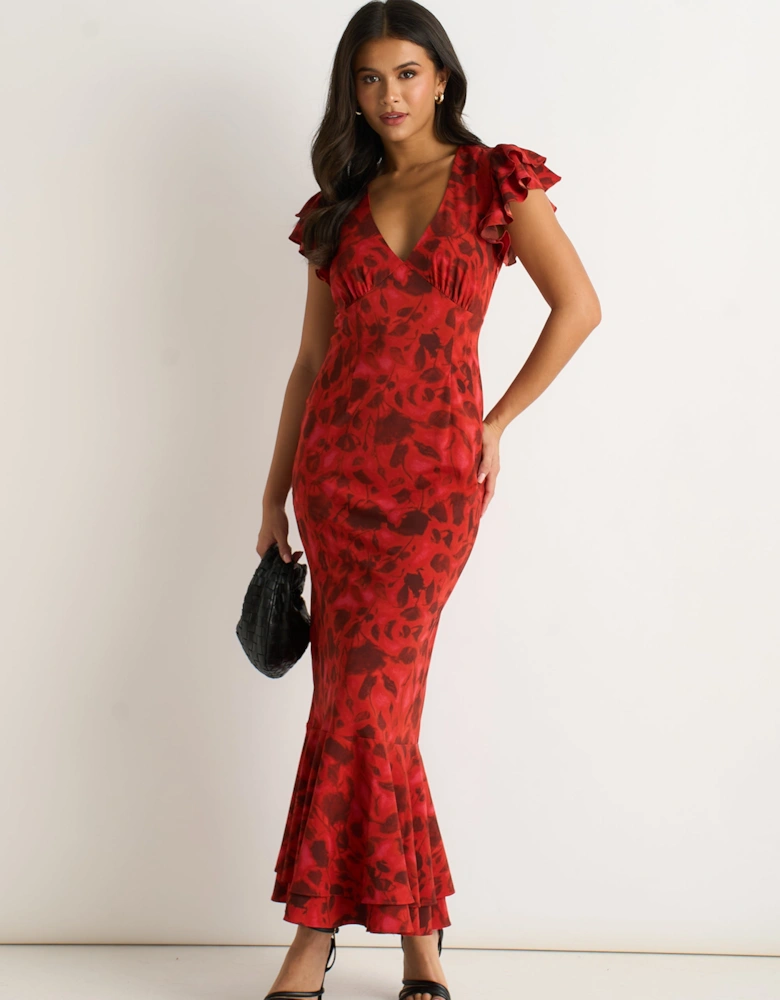 Red V Neck Floral Print Ruffle Maxi Dress