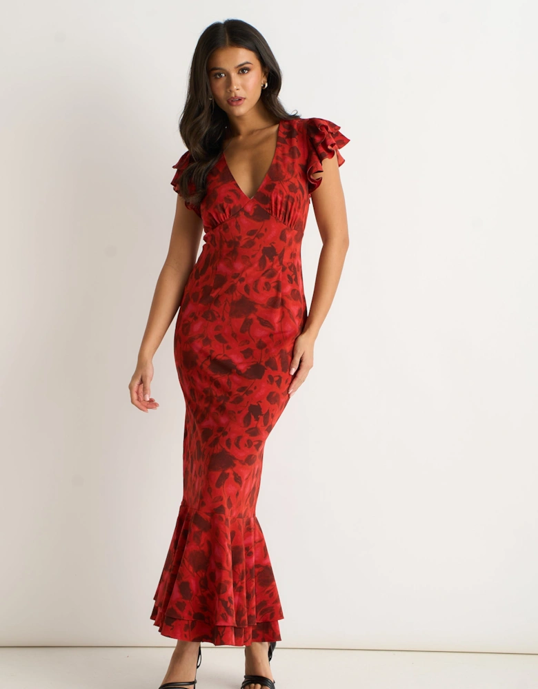 Red V Neck Floral Print Ruffle Maxi Dress