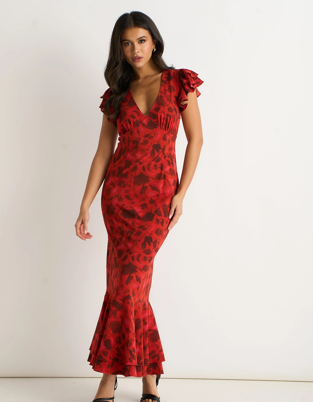 Red V Neck Floral Print Ruffle Maxi Dress