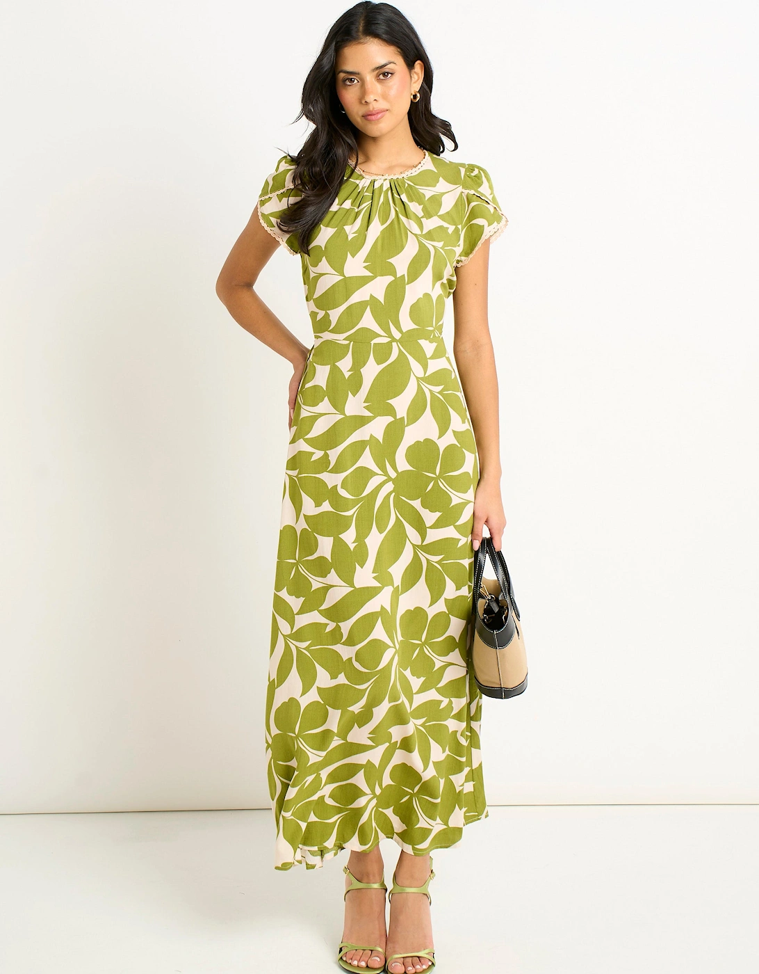 Green Petal Cuff Elasticated Waist Maxi Dress