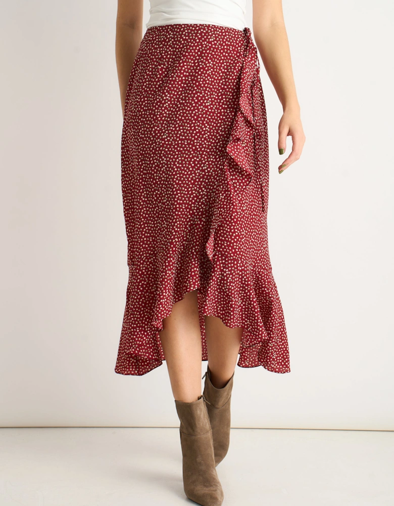 Red Polka Dot Ruffle Midi Skirt