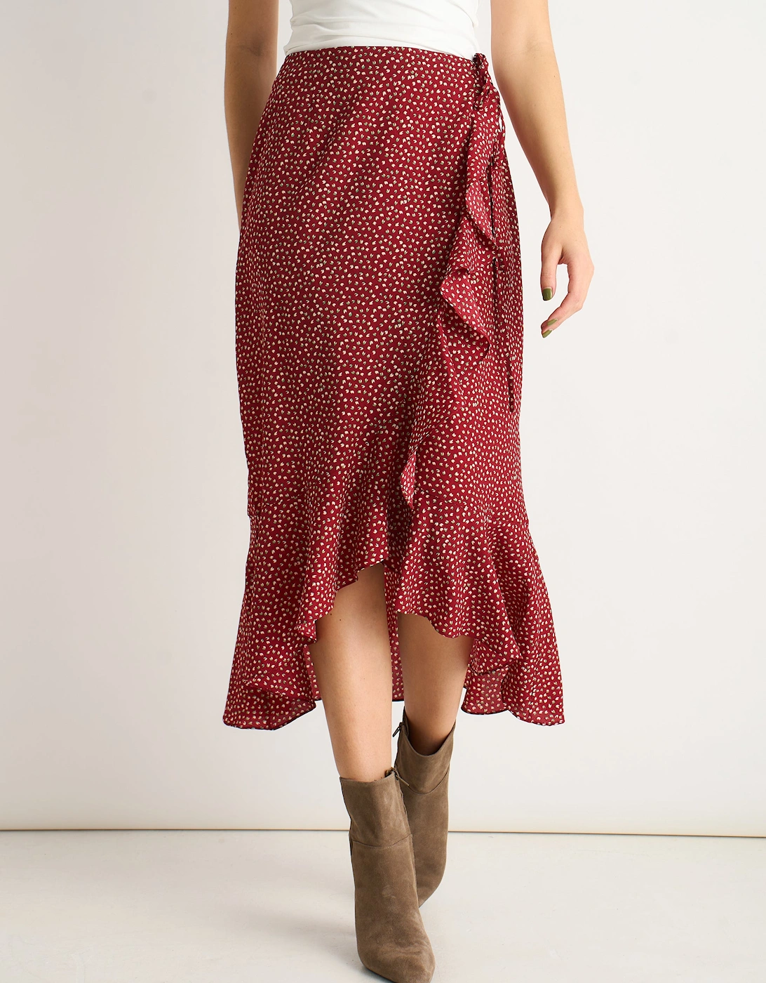 Red Polka Dot Ruffle Midi Skirt