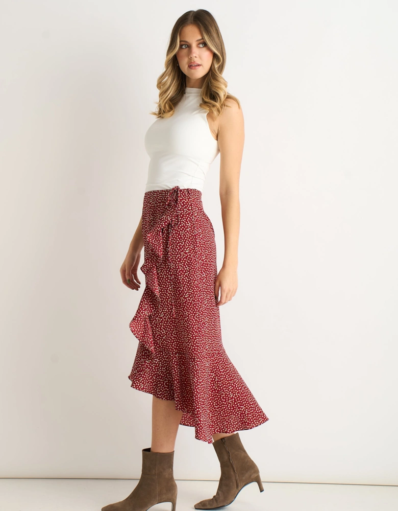 Red Polka Dot Ruffle Midi Skirt