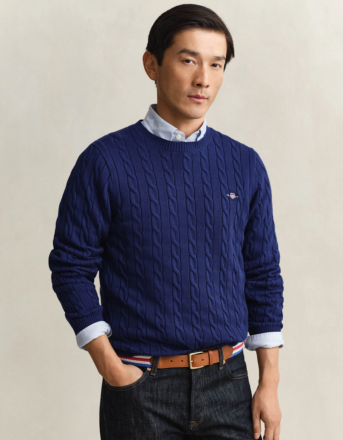 Gant Men's Rich Navy Cotton Cable Knit Crew Neck Jumper - 432 - Size: 38