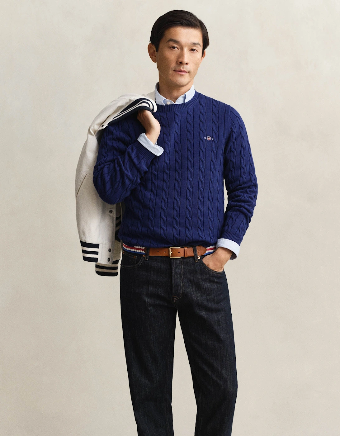 Mens Cotton Cable Knit Crew Neck Jumper - 432 Rich Navy