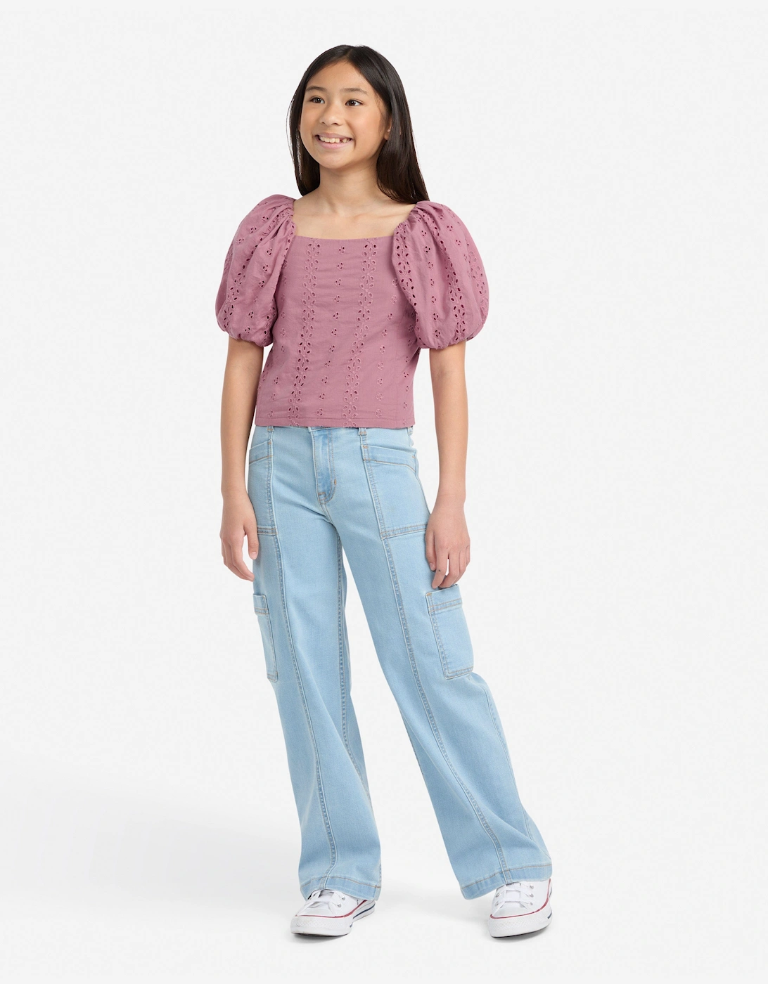 Girls Puff Sleeve Eyelet Top in Pink