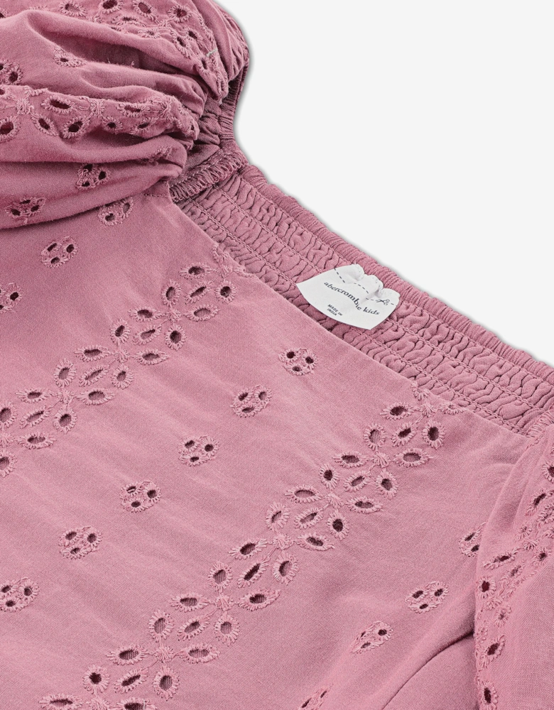 Girls Puff Sleeve Eyelet Top in Pink