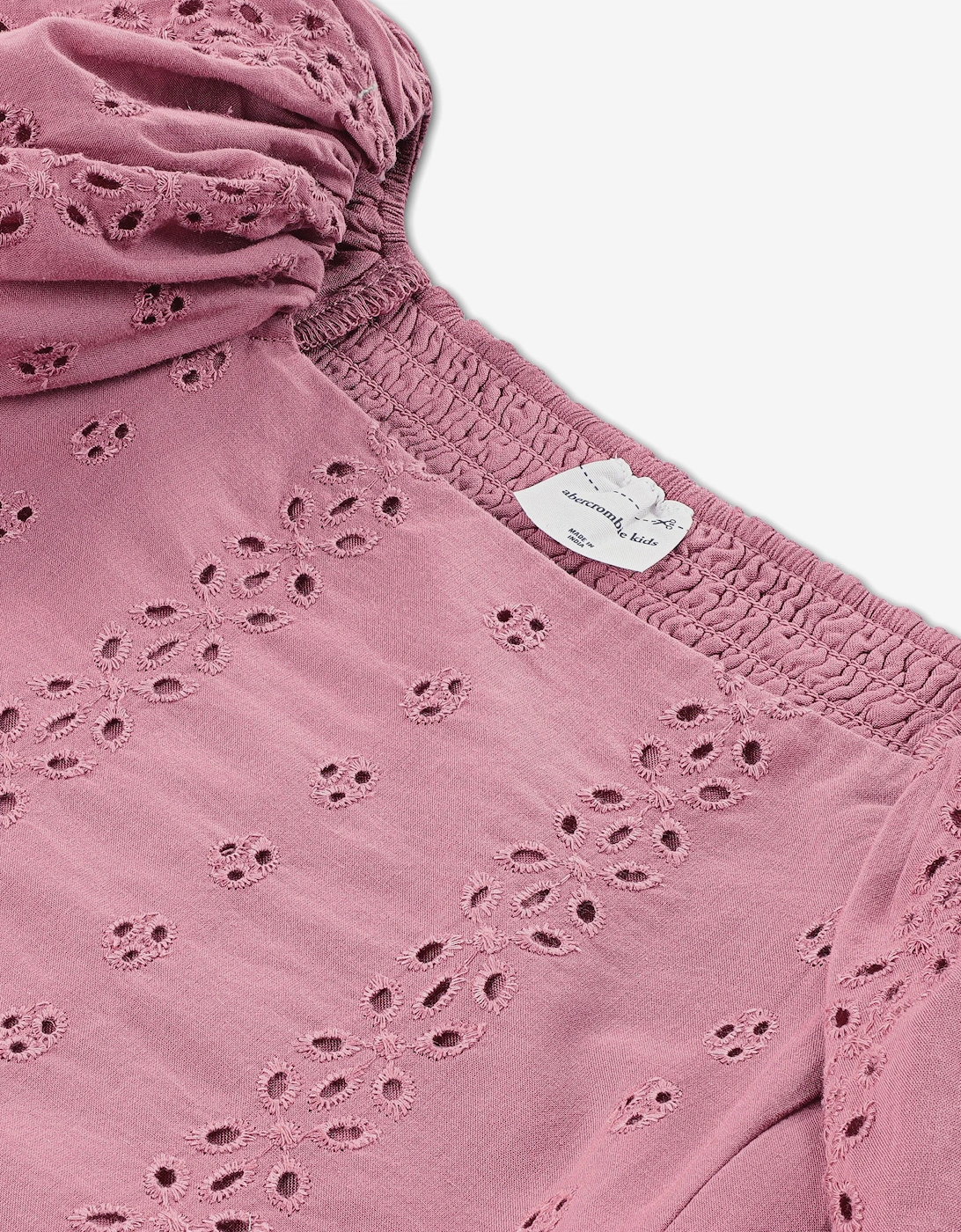 Girls Puff Sleeve Eyelet Top in Pink