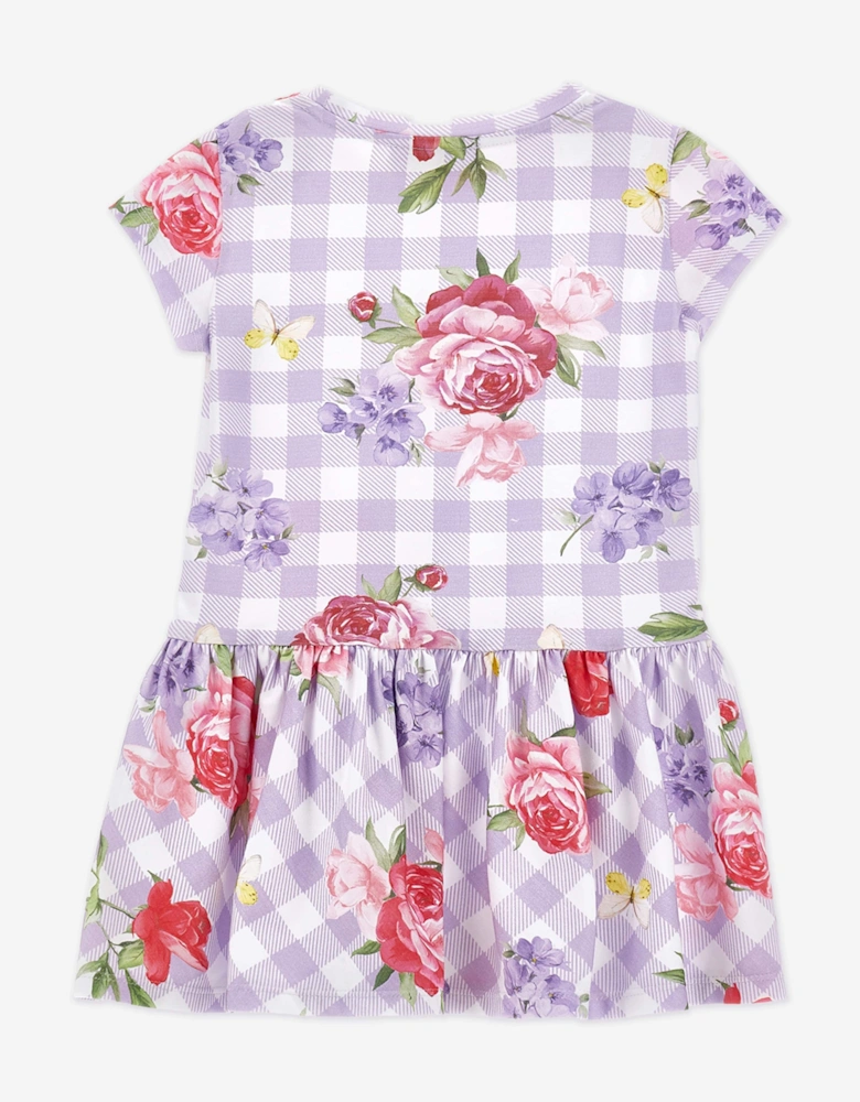 Girls Gingham Flower Dress in Purple