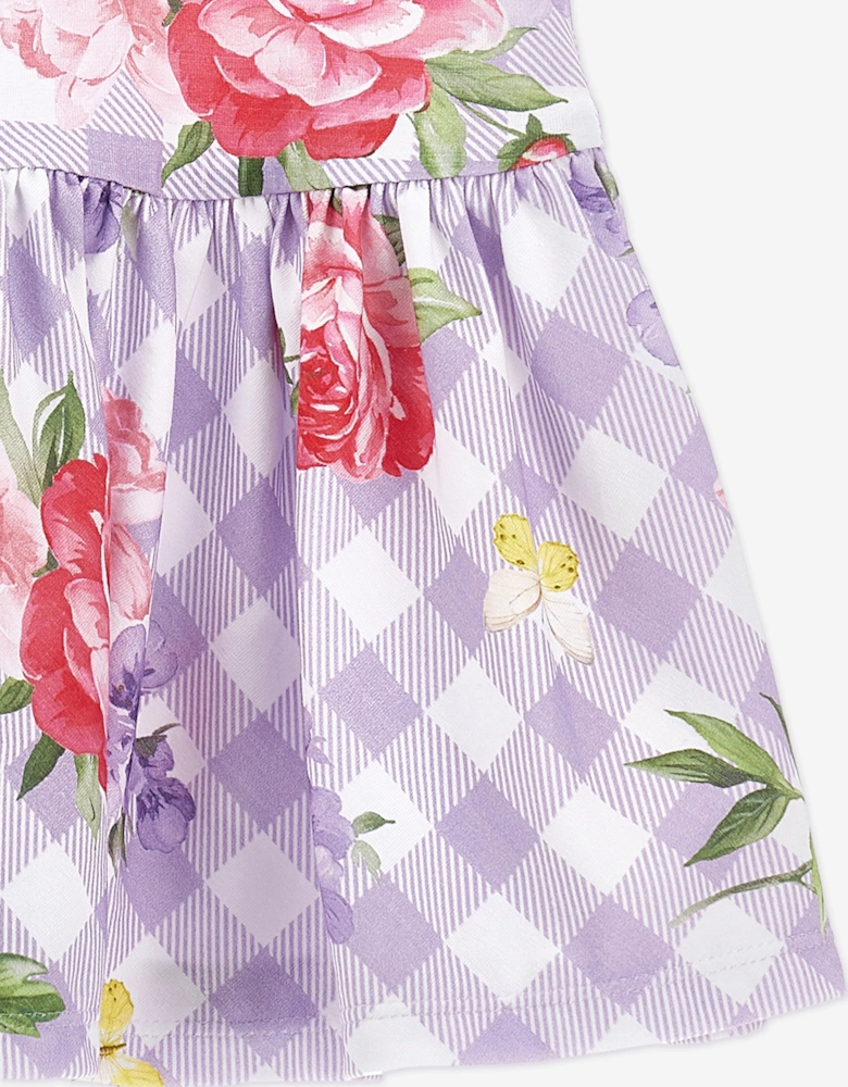 Girls Gingham Flower Dress in Purple