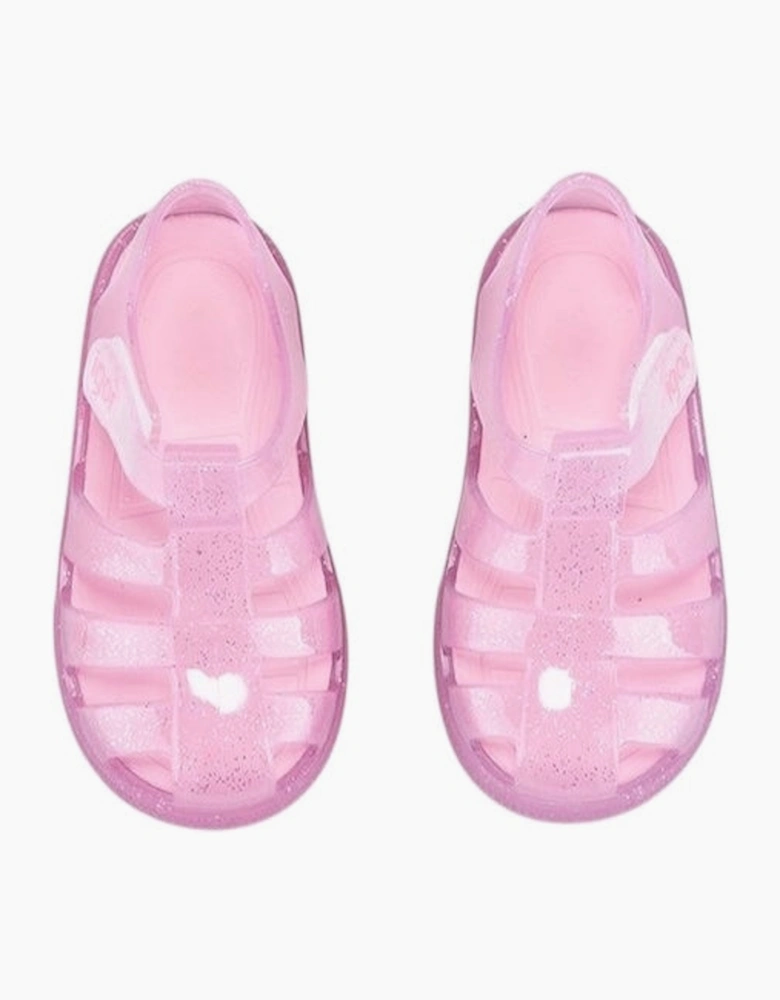 Girls Pale Pink Glitter Velcro Strap Jelly Sandals
