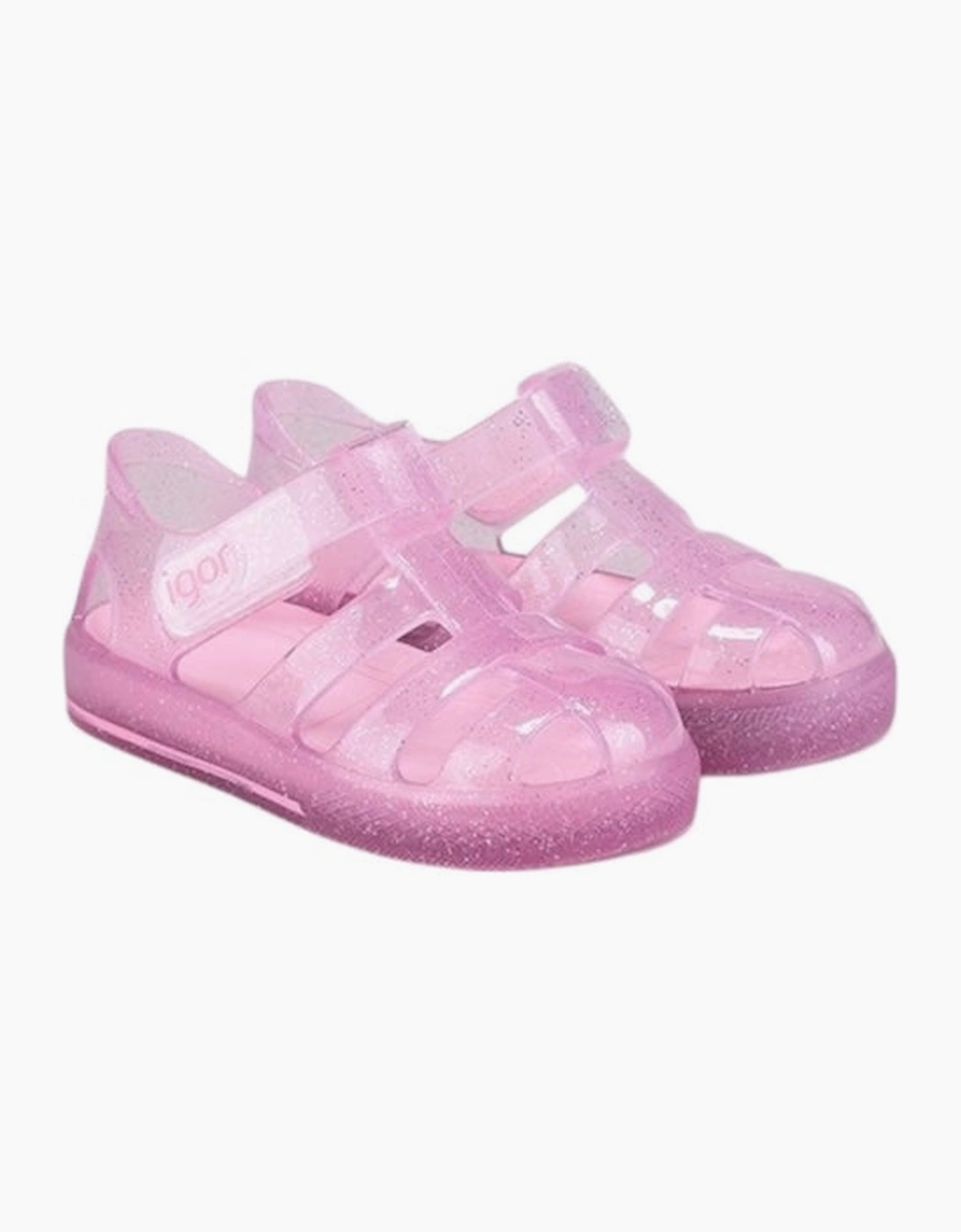 Girls Pale Pink Glitter Velcro Strap Jelly Sandals, 5 of 4