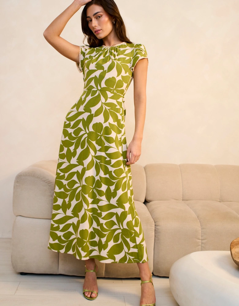 Green Petal Cuff Elasticated Waist Maxi Dress