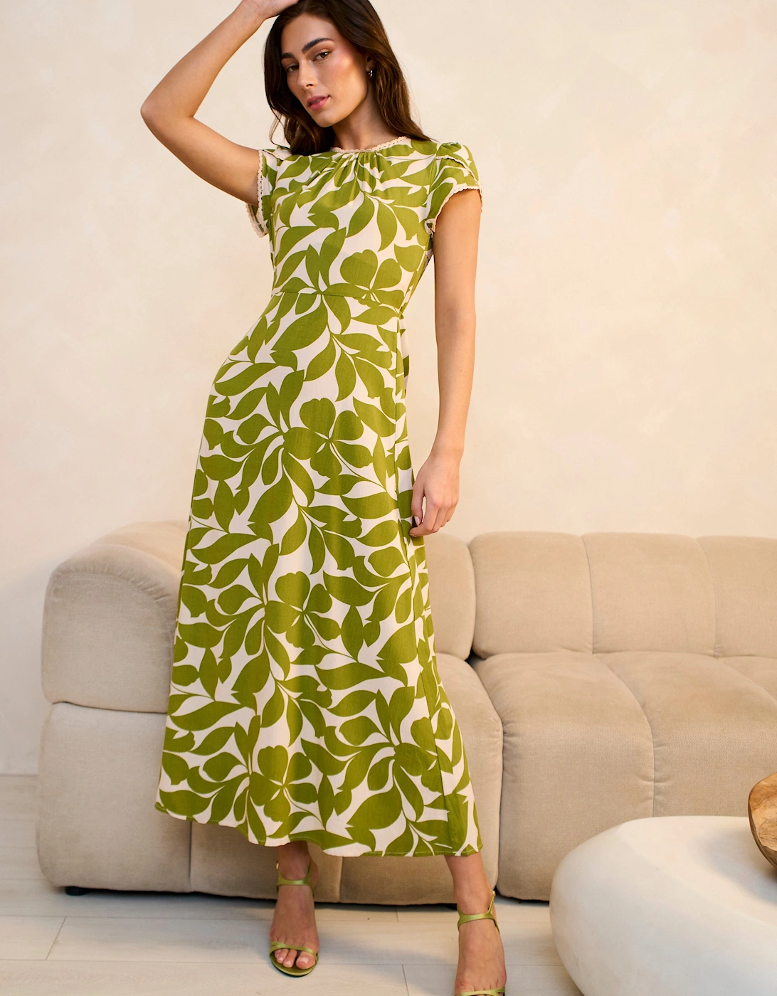 Green Petal Cuff Elasticated Waist Maxi Dress, 6 of 5