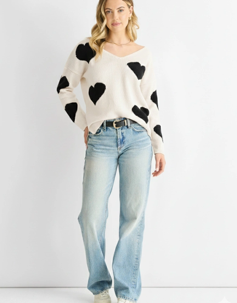 White V Neck Heart Knit Jumper
