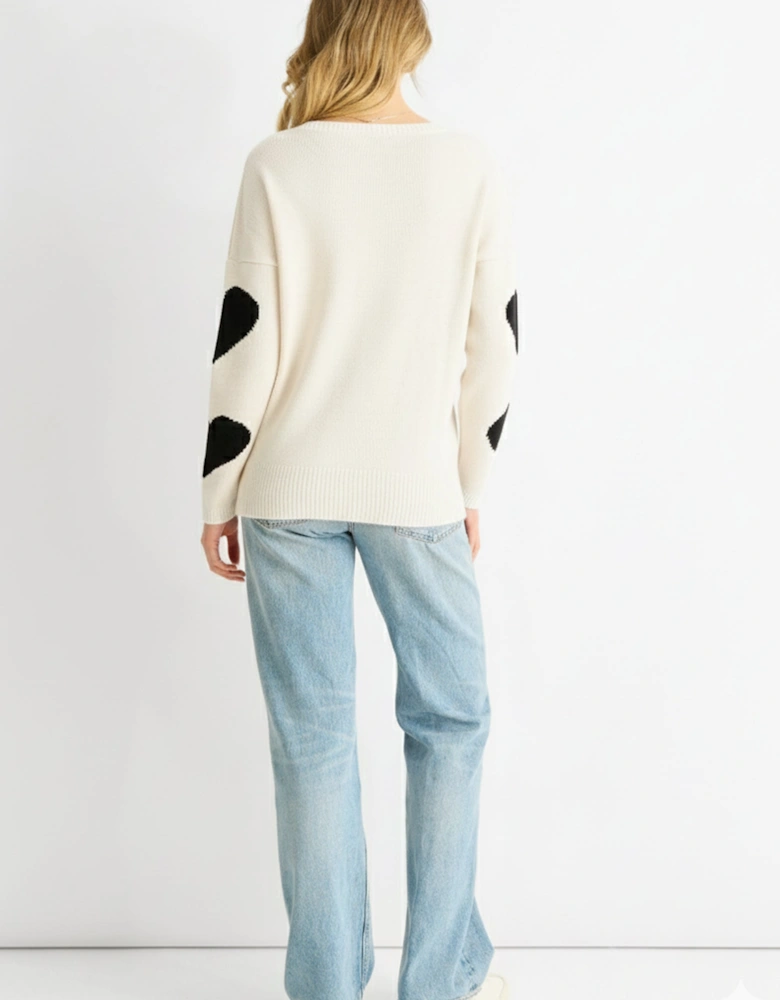 White V Neck Heart Knit Jumper