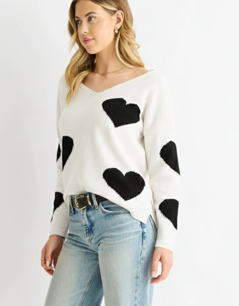 White V Neck Heart Knit Jumper
